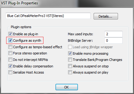 Step 21.2 - Check the 'synth' option - the plug-in will now show up in the menus as a synthesizer Step 21.2 - Check the 'synth' option - the plug-in will now show up in the menus as a synthesizer
